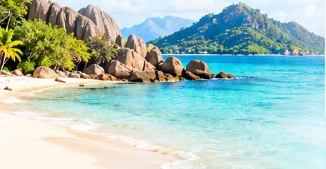 Seychelles coastline with granite boulders and palm trees