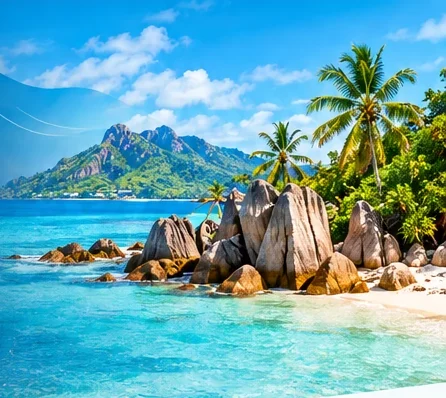 Granite boulders and turquoise water on a Seychelles beach
