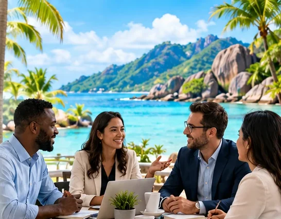 Corporate team planning a training programme at a table overlooking a Seychelles beach