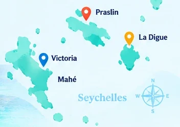 Map of Mahé, Praslin and La Digue in Seychelles