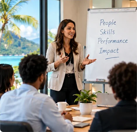Trainer leading a workshop beside a flipchart reading People, Skills, Performance, Impact